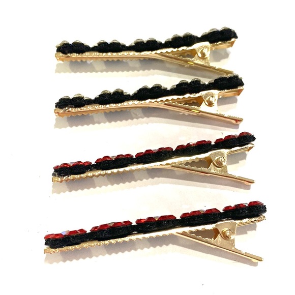 Hair Clips Clear And Red Rhinestone Flowers Gold Tone Set Of 4 - Picture 2 of 4